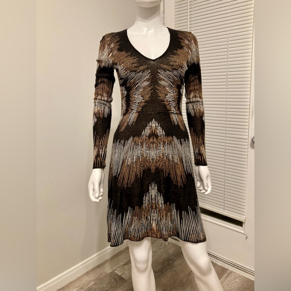 BCBGMAXAZRIA Camelcombo Electric Strokes Jacquard Dress MOW6X972/B65 Sz XS